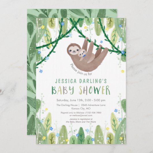 Sloth Baby Bow Stropdas Shower Oerwoud Thema Kaart (Voorkant / Achterkant)
