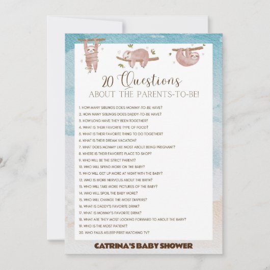 Sloth Baby shower - bewerkbare naam, 5x7 Kaart (Voorkant)