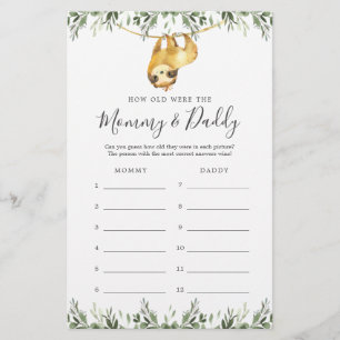 Sloth Baby shower Hoe oud waren ze spel Kaart