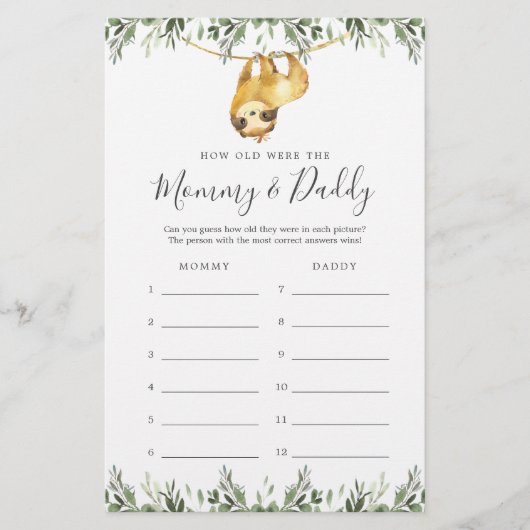 Sloth Baby shower Hoe oud waren ze spel Kaart (Voorkant)