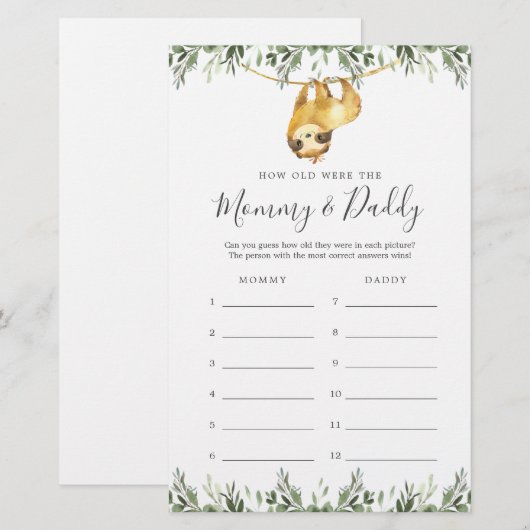 Sloth Baby shower Hoe oud waren ze spel Kaart (Voorkant / Achterkant)