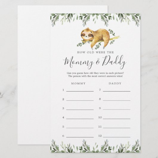 Sloth Baby shower Hoe oud waren ze spel Kaart (Voorkant / Achterkant)