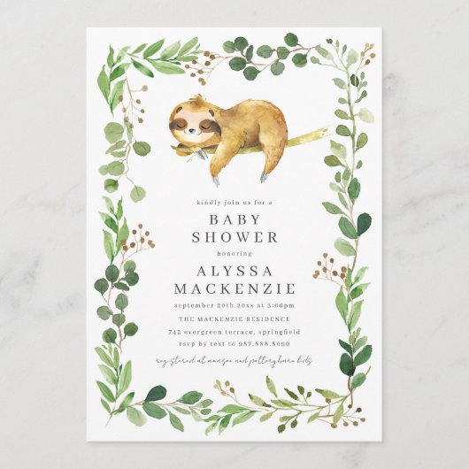 Sloth Baby Shower Invitation Kaart (Voorkant)