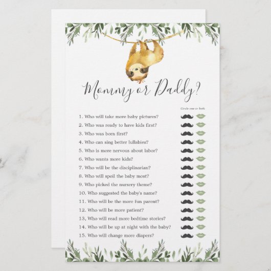 Sloth Baby shower Mama of Pappa Game (Voorkant / Achterkant)