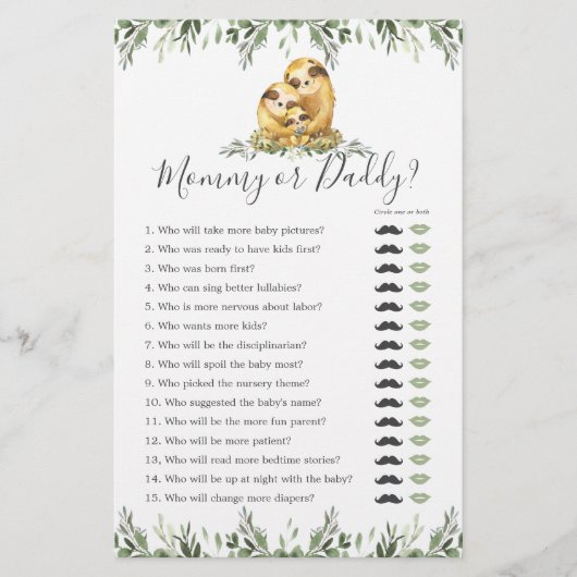Sloth Baby shower Mama of Pappa Game (Voorkant)