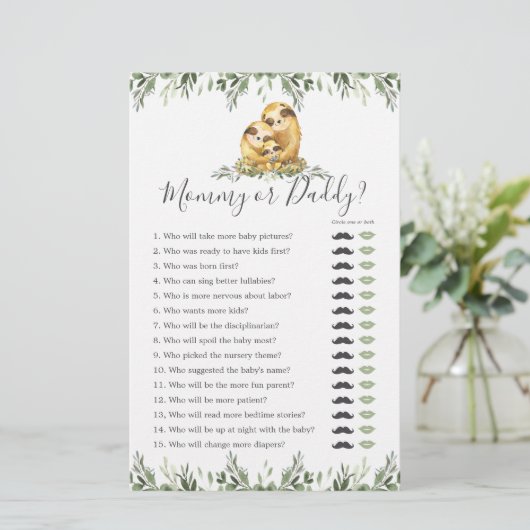 Sloth Baby shower Mama of Pappa Game (Staand voorkant)
