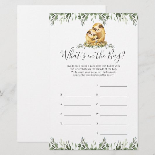 Sloth Baby shower Raad eens wat er in de tas spel (Voorkant / Achterkant)