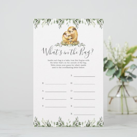 Sloth Baby shower Raad eens wat er in de tas spel (Staand voorkant)