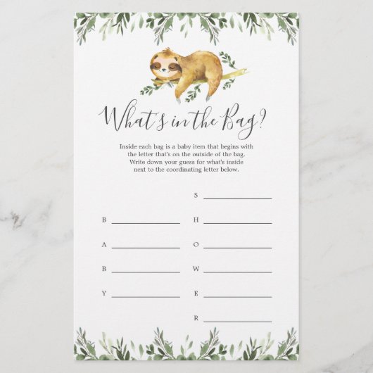 Sloth Baby shower Raad eens wat er in de tas spel (Voorkant)