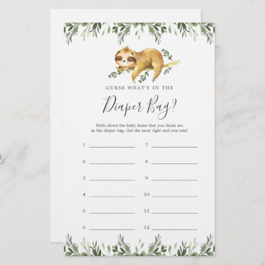 Sloth Baby shower Raad wat er in de luiertas zit (Voorkant / Achterkant)