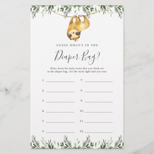 Sloth Baby shower Raad wat er in de luiertas zit (Voorkant)