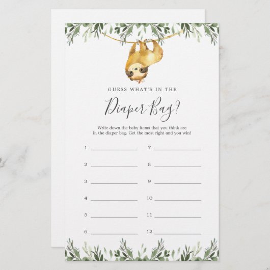 Sloth Baby shower Raad wat er in de luiertas zit (Voorkant / Achterkant)