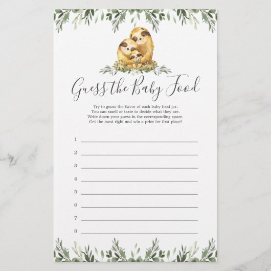 Sloth Baby shower raadt het Baby voedsel (Voorkant)