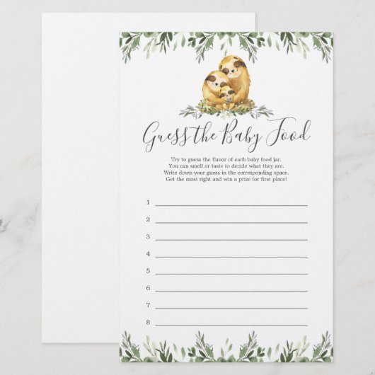 Sloth Baby shower raadt het Baby voedsel (Voorkant / Achterkant)