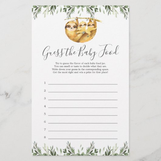 Sloth Baby shower raadt het Baby-voedselspel (Voorkant)