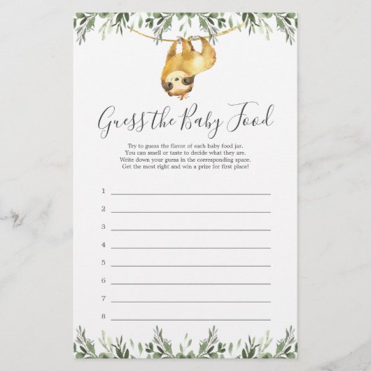 Sloth Baby shower raadt het Baby-voedselspel (Voorkant)