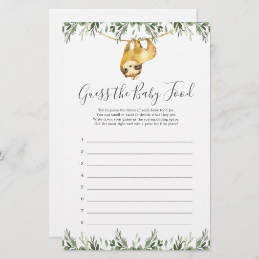 Sloth Baby shower raadt het Baby-voedselspel (Voorkant / Achterkant)