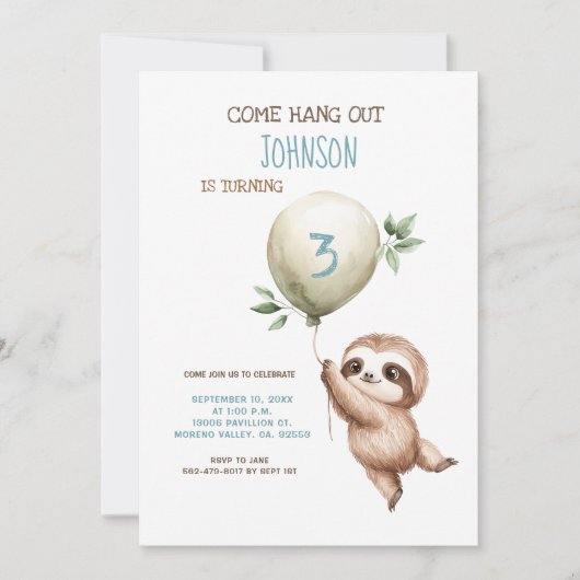 Sloth Birthday Come Hang Out 1st Birthday Kaart (Voorkant)