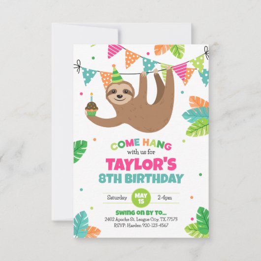 Sloth Birthday Invitation, Sloth Party Invitation Kaart (Voorkant)