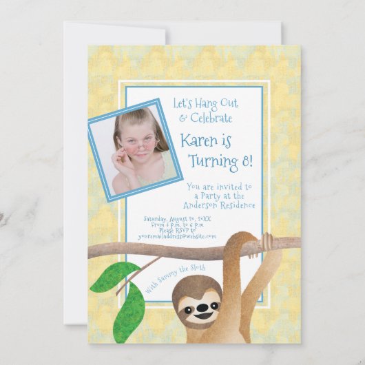 Sloth Birthday Party Hang uit met foto's van kinde Kaart (Achterkant)