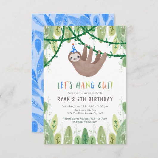 Sloth Birthday Party in Blue and White Kaart (Voorkant / Achterkant)