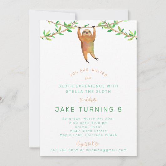 Sloth Birthday Party Invitation Kaart (Voorkant)