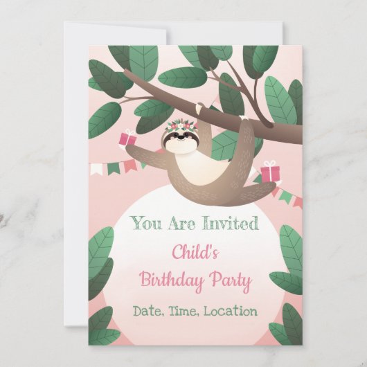 Sloth Birthday Party Invitation Kaart (Voorkant)
