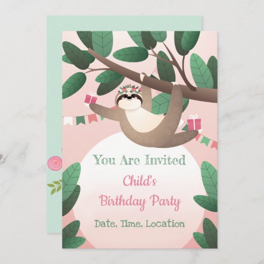 Sloth Birthday Party Invitation Kaart (Voorkant / Achterkant)