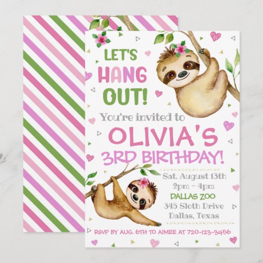 Sloth Birthday Uitnodiging | Slote uitnodiging (Voorkant / Achterkant)