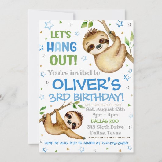 Sloth Birthday Uitnodiging | Slote uitnodiging (Voorkant)
