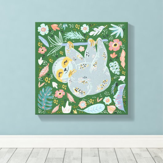 Sloth Cute Floral Canvas Afdruk (Insitu (Houten vloer))