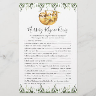 Sloth Dieren Baby shower Kwekerij Rhyme Quiz spel