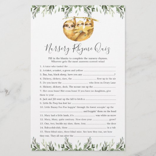 Sloth Dieren Baby shower Kwekerij Rhyme Quiz spel (Voorkant)