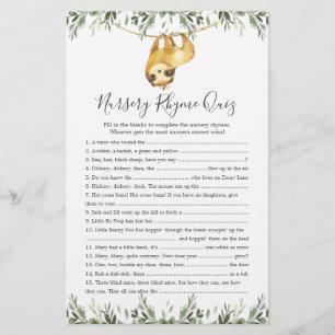 Sloth Dieren Baby shower Kwekerij Rhyme Quiz spel