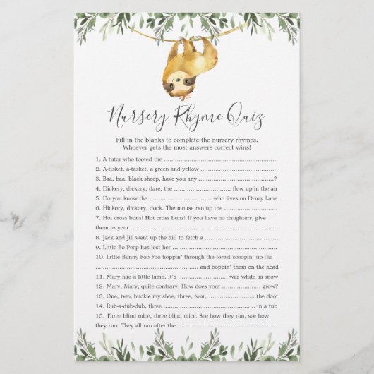 Sloth Dieren Baby shower Kwekerij Rhyme Quiz spel (Voorkant)