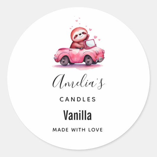 Sloth Driving a Pink Convertible Candle Business Ronde Sticker (Voorkant)