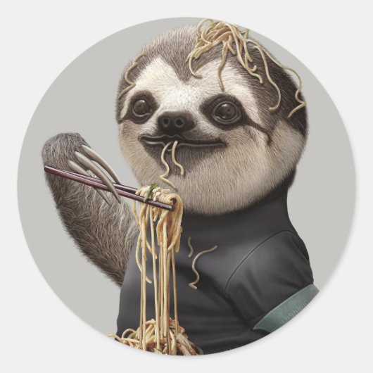 SLOTH EAT NOODLE RONDE STICKER (Voorkant)