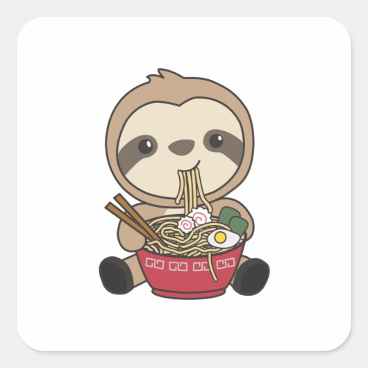 Sloth Eat Ramen Cute Kawaii Noodle Sloth Vierkante Sticker (Voorkant)