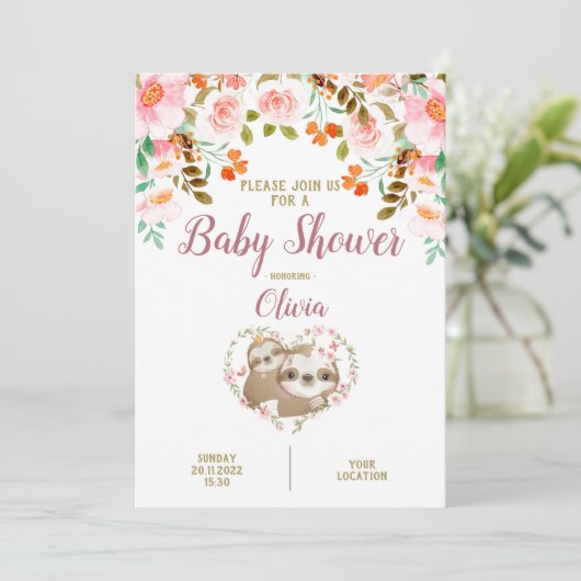 Sloth Floral Waterverf Baby shower Kaart (Staand voorkant)