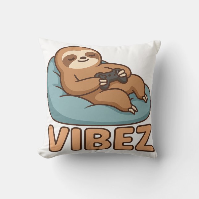 Sloth Gamer Vibes Kussen – Chill Bean Bag Controll (Voorkant)