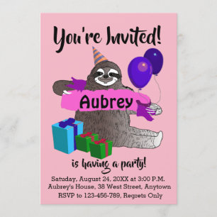 Sloth Girls Birthday Party Invitation Kaart