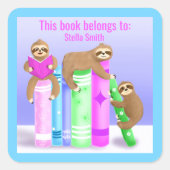 Sloth Girl's Reading Books Bookplate Vierkante Sticker (Voorkant)