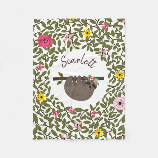 Sloth Greenery Floral Girls Fleece Blanket (Voorkant)