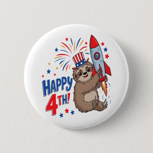 Sloth Happy 4th Rocket Fireworks Nederland Ronde Button 5,7 Cm (Voorkant)