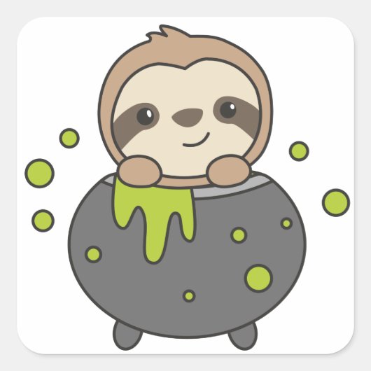 Sloth Happy Halloween Cauldron Bat Square Sticker (Voorkant)