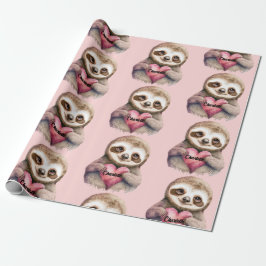 Sloth Heart & Big Eyes Waterverf Naam toevoegen Cadeaupapier