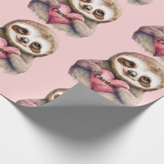 Sloth Heart & Big Eyes Waterverf Naam toevoegen Cadeaupapier (Hoek)