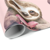 Sloth Heart & Big Eyes Waterverf Naam toevoegen Cadeaupapier (Rol Hoek)