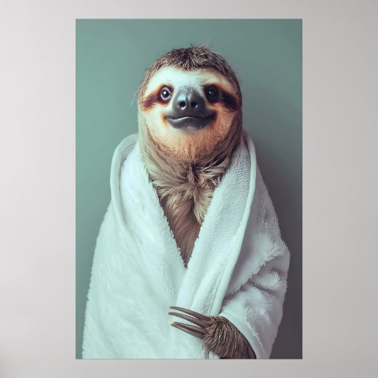 Sloth in Bathrobe Art Print, Funny Bathroom Poster (Voorkant)