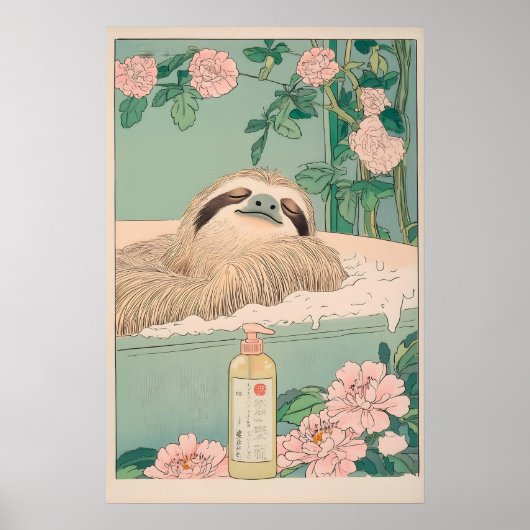 Sloth in Bathtub Ukiyo-e Print Japandi Bathroom (Voorkant)